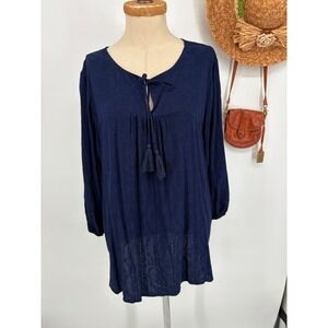 New Stitch Fix Skies are Blue Padenia Tassel Detail Split Neck Top 2X Navy Blous